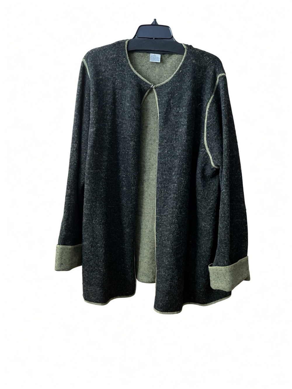 Sag Harbor 100%wool Two-Tone Open-Front Cardigan in Olive & Charcoal